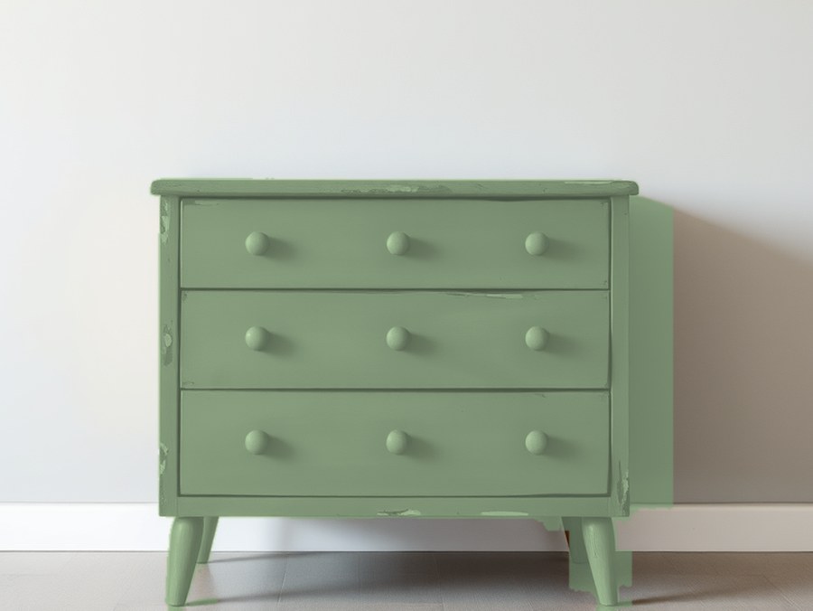 The same dresser after — sage green chalk paint, no sanding