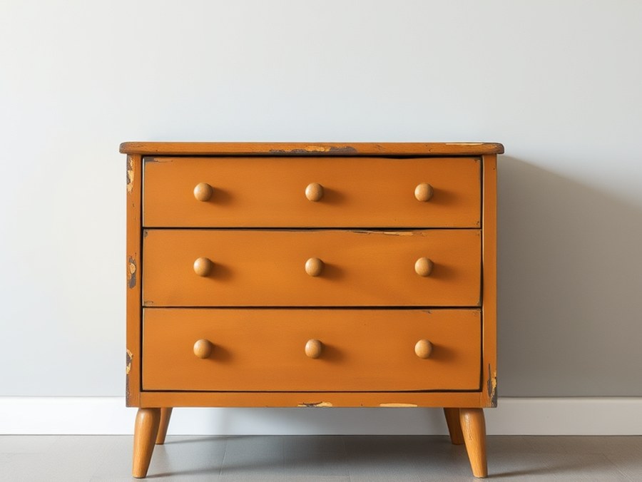 Thrift-store dresser before the makeover — worn orange veneer, chipped edges